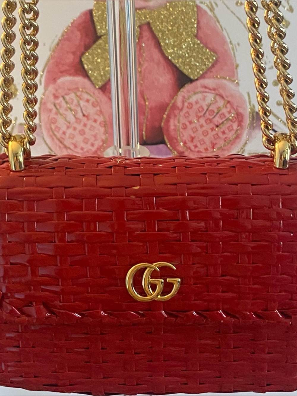 Gucci Red Wicker Woven Mormont  Shoulder Bag with Gold Chain - Picture 9 of 15